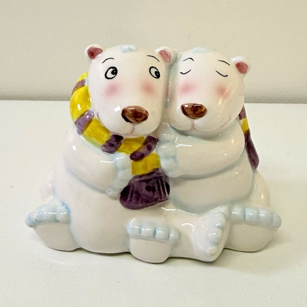 Ganz Ceramic Polar Bear Couple Piggy Bank White w/ Yellow & Purple Scarf